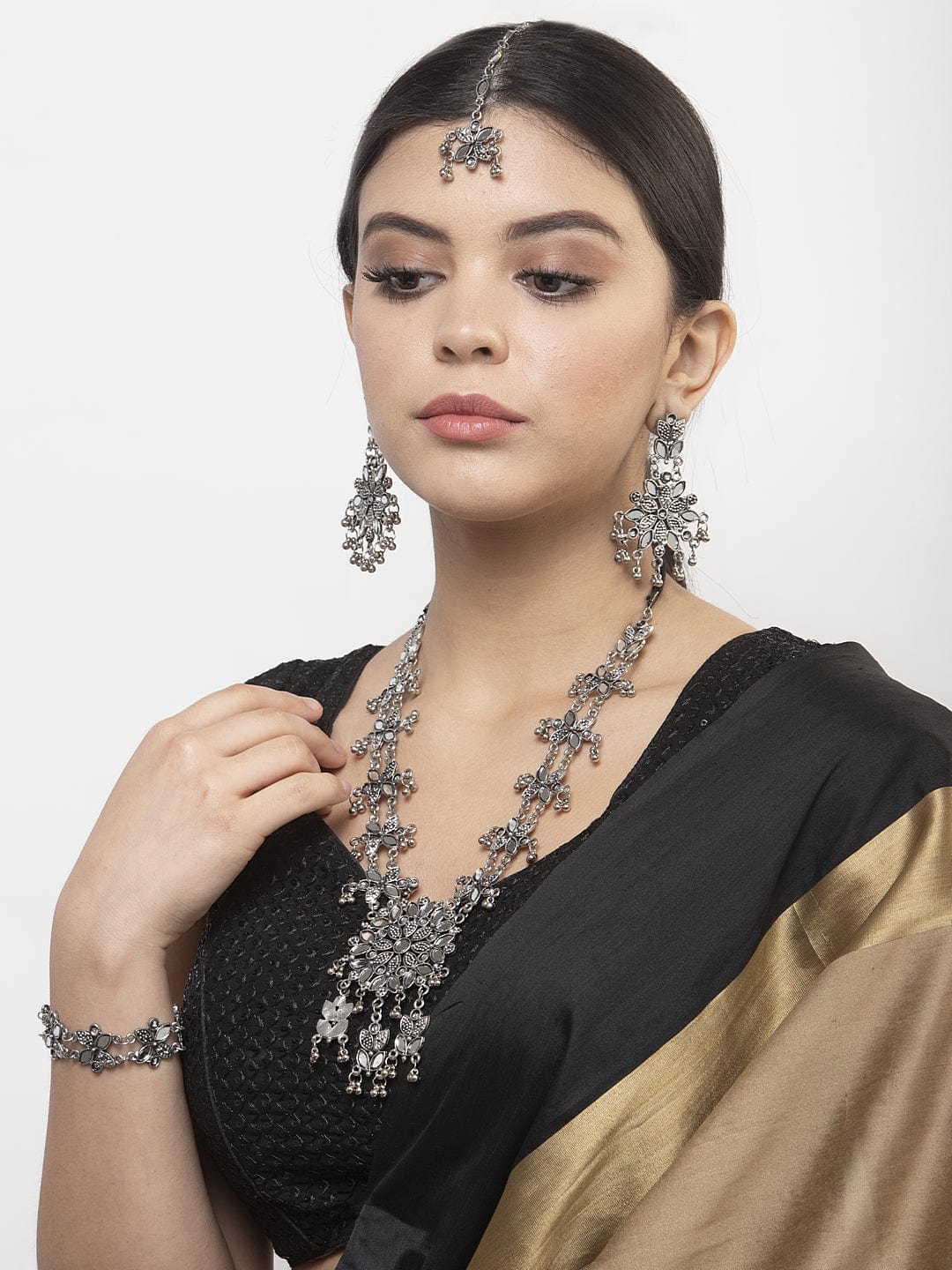 Mirrors Studded Floral Design Oxidised Necklace Set with Bracelet, Ring & Maang Tikka