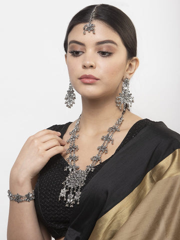 Mirrors Studded Floral Design Oxidised Necklace Set with Bracelet, Ring & Maang Tikka