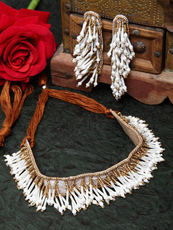 Off White Beads and Stones Studded Tasselled Afghan Design Jewellery Set