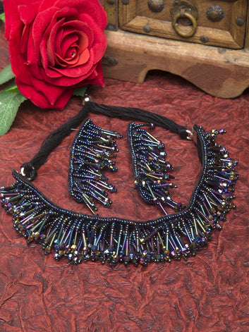 Blue Beads and Stones Studded Tasselled Afghan Design Handcrafted Jewellery Set