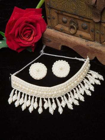 Sliver-Plated Off White Pearl Beaded Handcrafted Jewellery Set
