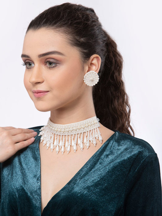 Sliver-Plated Off White Pearl Beaded Handcrafted Jewellery Set