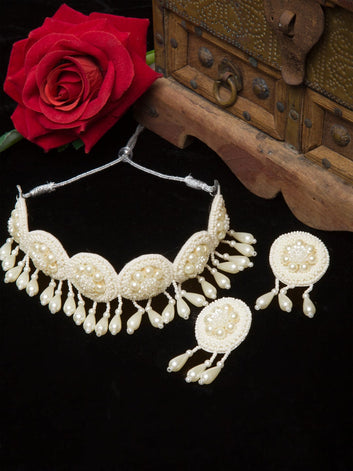 Sliver-Plated Off White Pearl Beaded Handcrafted Jewellery Set