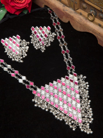 Oxidised Silver-Plated Pink Mirror Work Handcrafted Jewellery Set
