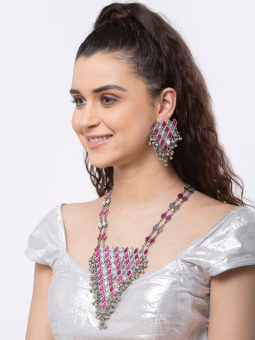 Oxidised Silver-Plated Pink Mirror Work Handcrafted Jewellery Set