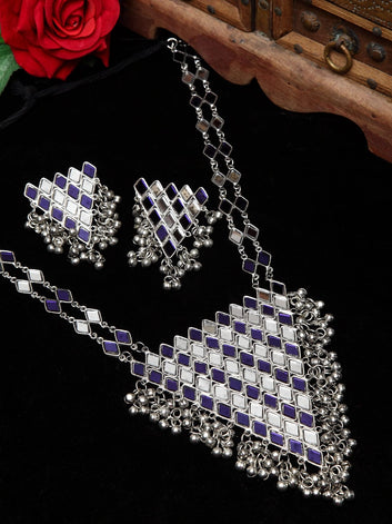 Silver-Plated Mirrors Studded & Beaded Jewellery Set