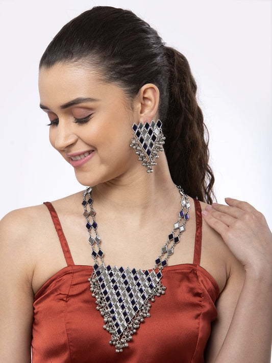 Silver-Plated Mirrors Studded & Beaded Jewellery Set