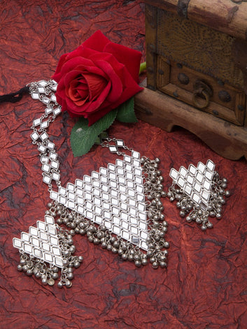 Silver-Plated Oxidised Stone Studded & Beaded Afghan Design Jewellery Set