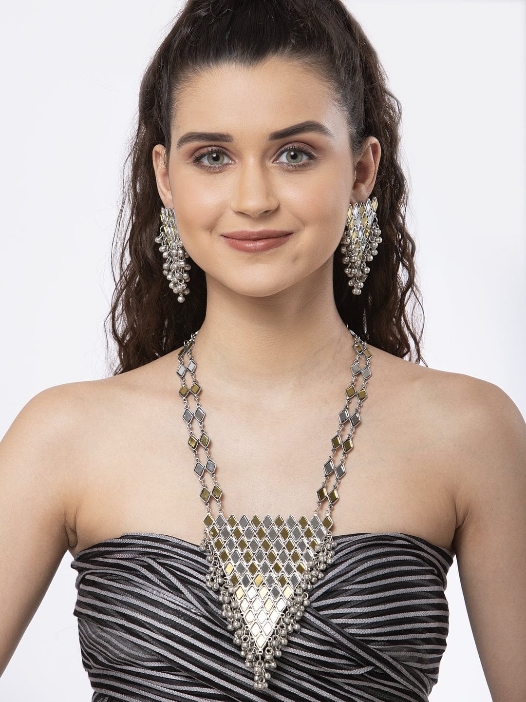 Silver-Plated Mirror-Studded Jewellery Set