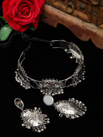 Silver-Plated Mirror & Ghungroo Studded Jewellery Set