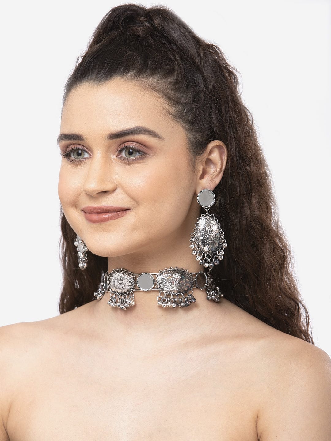 Silver-Plated Mirror & Ghungroo Studded Jewellery Set