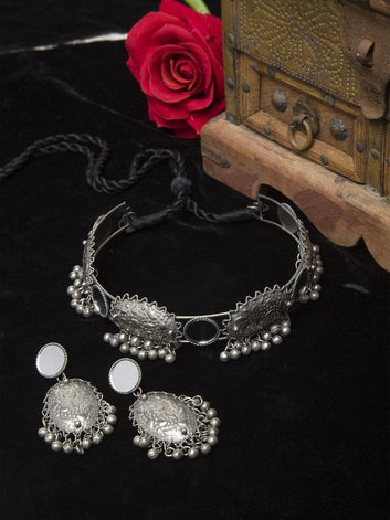 Silver Plated Mirror & Ghungroo Tribal Oxidised Handcrafted Jewellery Set
