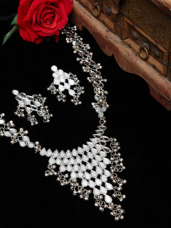 Silver-Plated Mirror & Ghungroo Studded Oxidised Handcrafted Jewellery Set