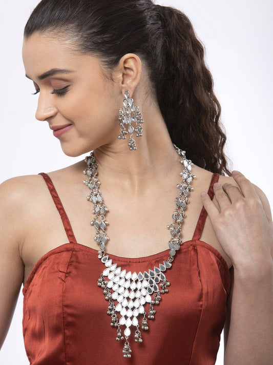 Silver-Plated Mirror & Ghungroo Studded Oxidised Handcrafted Jewellery Set