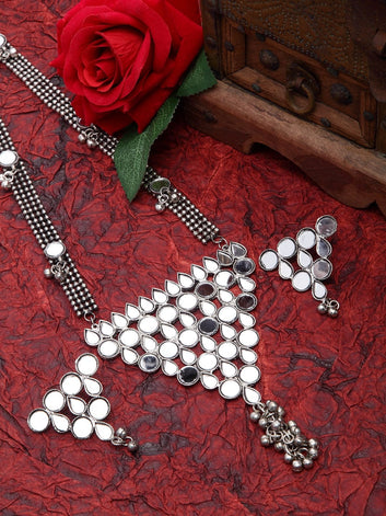Silver Plated Mirror & Ghungroo Work Tasselled Oxidised Handcrafted Jewellery