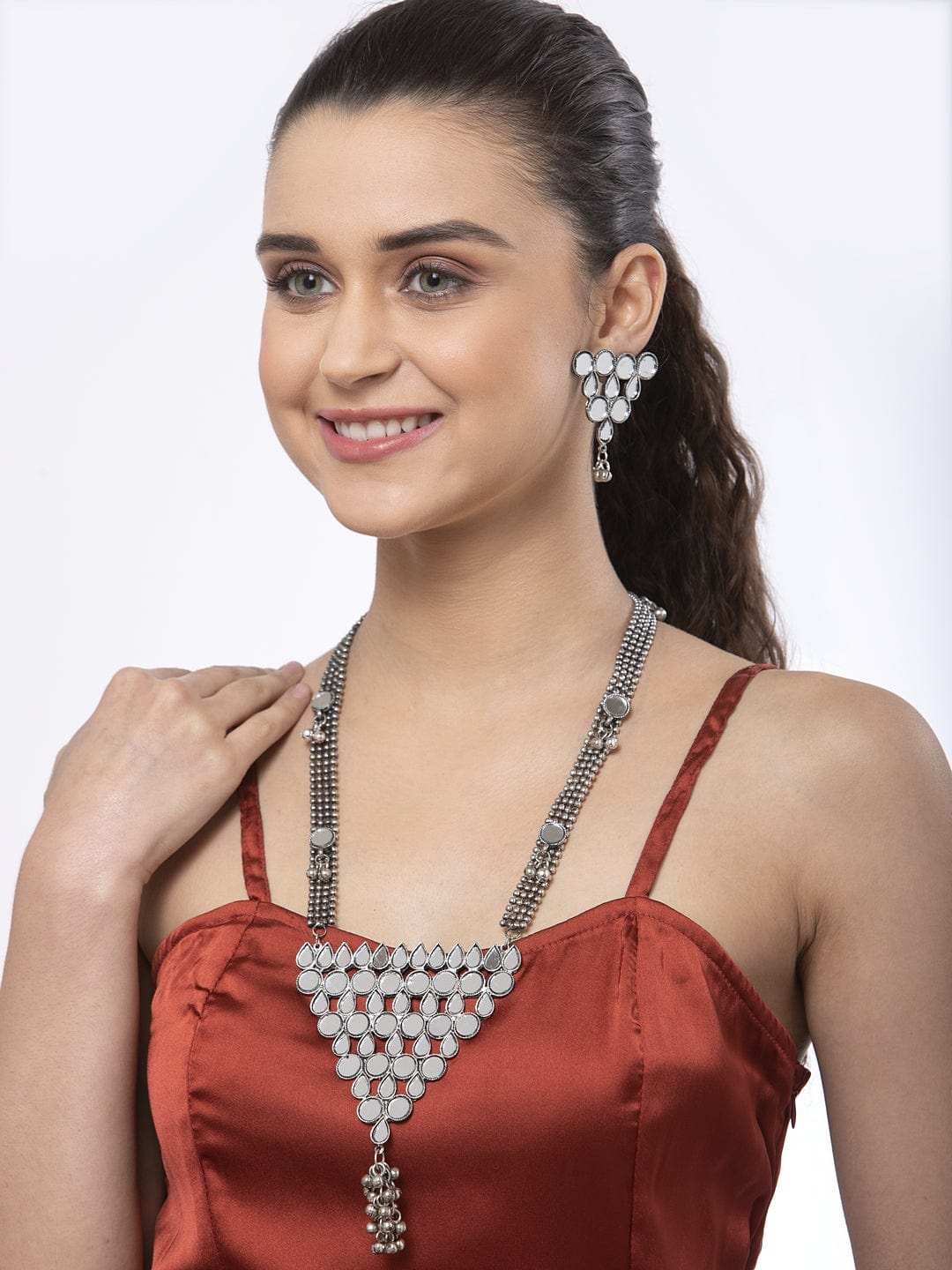 Silver Plated Mirror & Ghungroo Work Tasselled Oxidised Handcrafted Jewellery