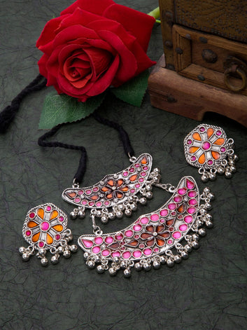 Silver-Plated Pink & Orange Stone-Studded & Beaded Afghan Jewellery Set