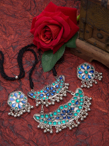 Oxidised Silver-Plated Blue & Sea-Green Stone-Studded & Beaded Handcrafted Afghan Jewellery Set