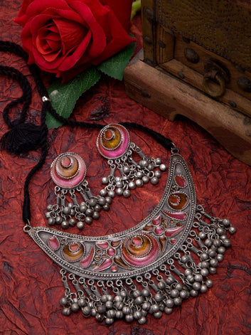 Oxidized Silver-Plated Pink & Brown Meenakari Handcrafted Jewellery Set