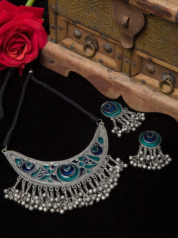 Oxidised Silver-Plated & Blue Meenakari Handcrafted Jewellery Set