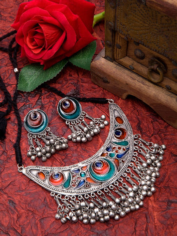 Oxidised Silver-Plated Multi-Coloured Stone-Studded Afghan Tasseled Jewellery Set
