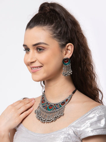 Oxidised Silver-Plated Multi-Coloured Stone-Studded Afghan Tasseled Jewellery Set