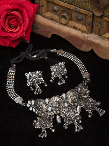 Silver Mirror & Ghugroo Studded Floral Oxidised Handcrafted Jewellery Set