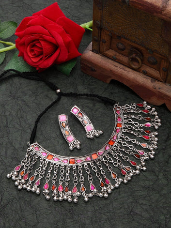 Oxidised Silver-Plated Pink & Red Meenakari Handcrafted Jewellery Set