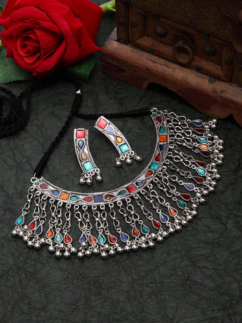 Oxidised Silver-Plated Multi-Coloured Stone-Studded & Beaded Meenakri Jewellery Set
