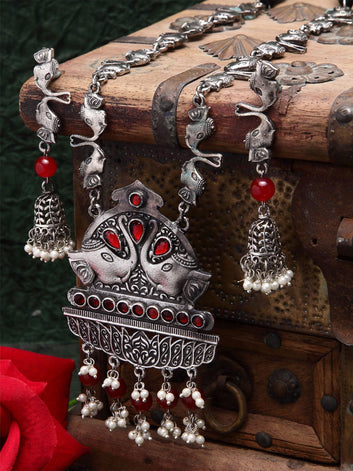 Silver Plated Red Stones & Pearls Studded Handcrafted Tasselled Jewellery Set