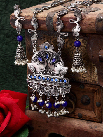 Oxidised Silver-Plated Blue Crystal-Studded & Pearl Beaded Temple Jewellery Set