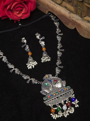 Silver Plated Stones & Pearls Studded Oxidised Handcrafted Tasselled Jewellery