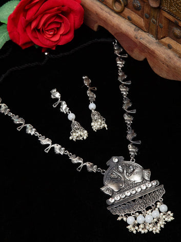 Silver Plated Stones & Pearls Studded Oxidised Handcrafted Tasselled Jewellery