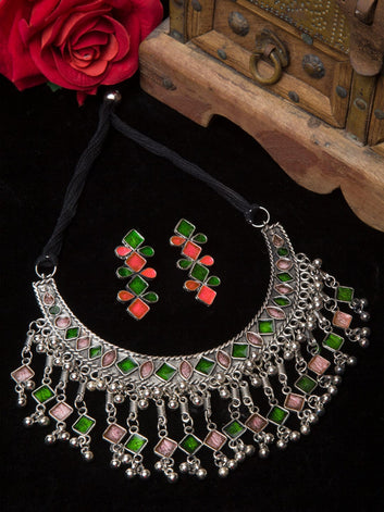 Oxidized Silver-Plated Stone-Studded & Pearl Beaded Jewellery Set