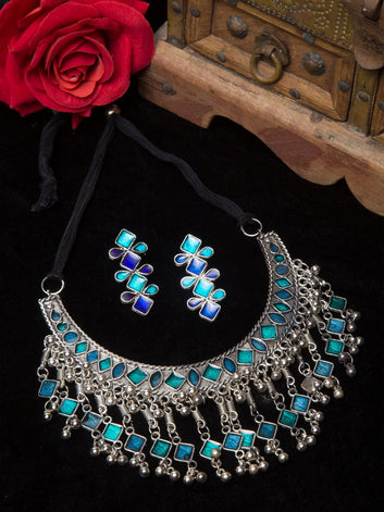Oxidised Silver-Plated Blue Stone-Studded & Beaded Meenakari Jewellery Set