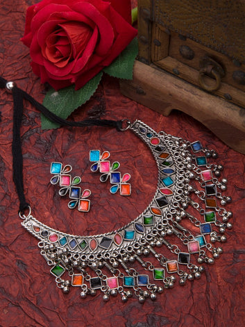 Oxidised Silver-Plated Multi-Coloured Stone-Studded & Beaded Meenakari Handcrafted Jewellery Set