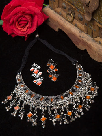 Oxidised Silver Plated Orange & Black Stone Studded & Beadeed Jewellery Set