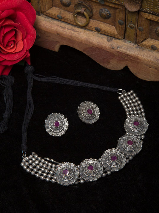Silver Plated Pink Stone Studded Floral Oxidised Tribal Jewellery Set