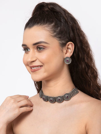 Silver Plated Pink Stone Studded Floral Oxidised Tribal Jewellery Set
