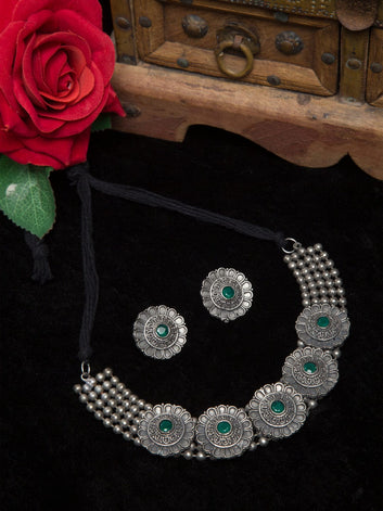Oxidised Silver-Plated Green Crystal-Studded Handcrafted Jewellery Set