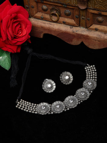 Oxidised Silver-Plated White Stone Studded Handcrafted Jewellery Set