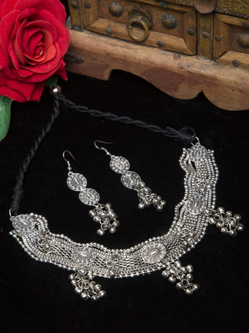 Silver Plated Ghungroo Tasselled Oxidised Handcrafted Jewellery Set