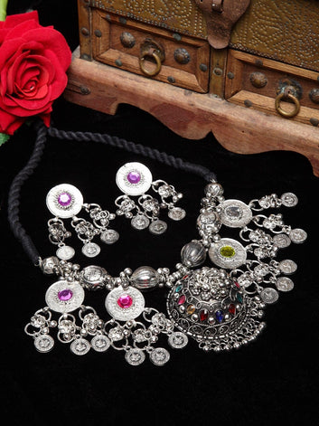 Pink & Blue Oxidised Silver-Plated Handcrafted Afghan Jewellery Set