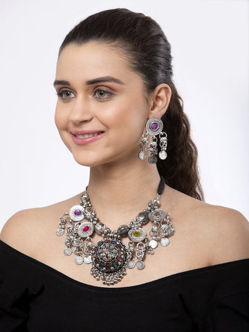 Pink & Blue Oxidised Silver-Plated Handcrafted Afghan Jewellery Set