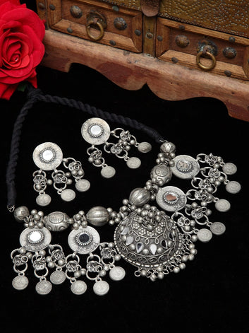 Oxidised Silver-Plated Metallic-Toned Mirror-Studded Handcrafted Afghan Jewellery Set