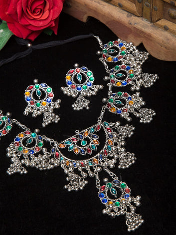 Silver Plated Stone Studded Tasselled Oxidised Handcrafted Afghan Jewellery