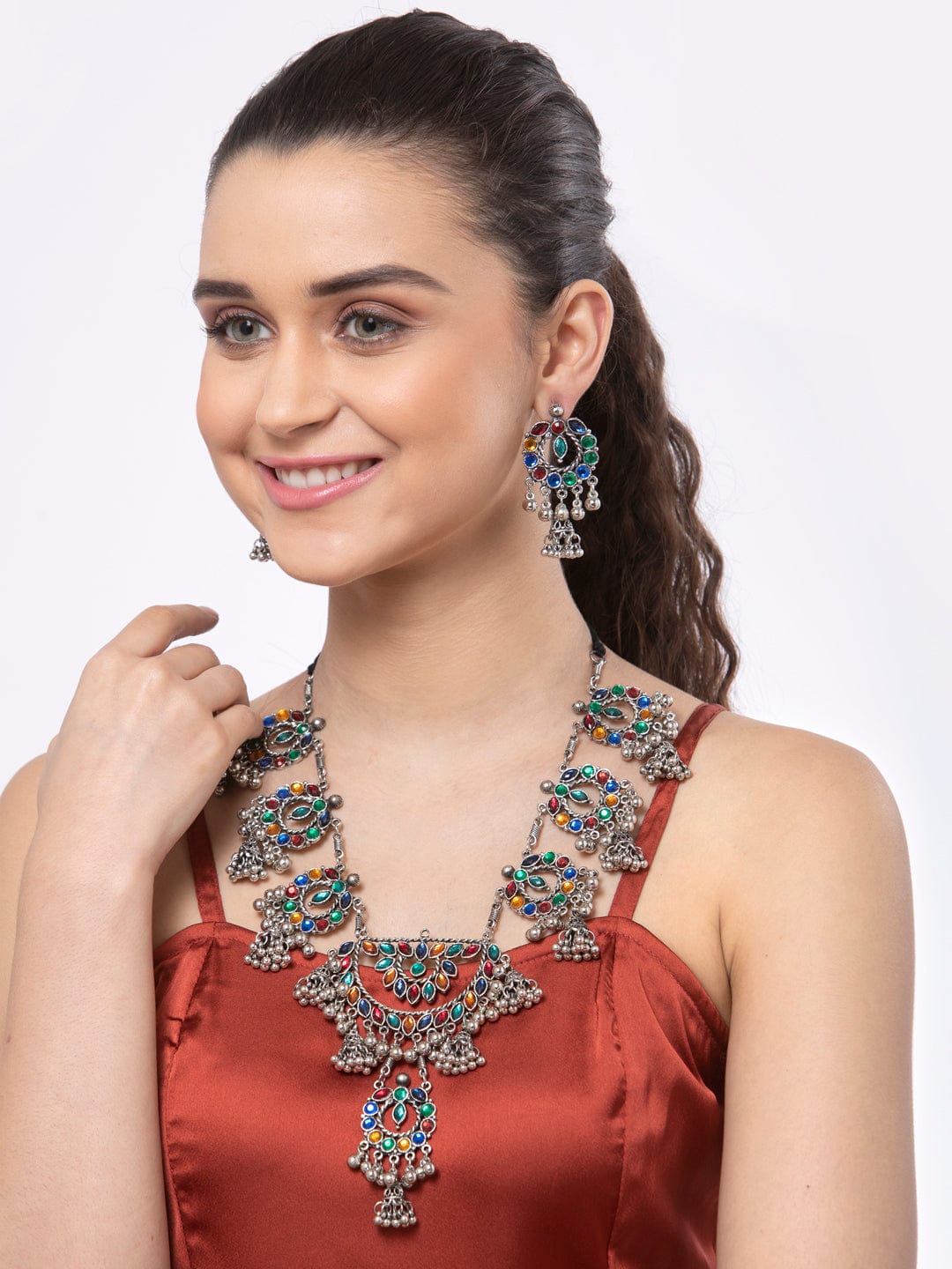 Silver Plated Stone Studded Tasselled Oxidised Handcrafted Afghan Jewellery