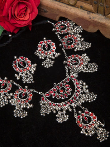 Oxidised Silver-Plated Stone-Studded & Beaded Afghan Jewellery Set