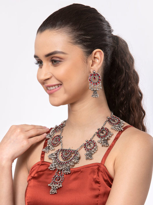 Oxidised Silver-Plated Stone-Studded & Beaded Afghan Jewellery Set