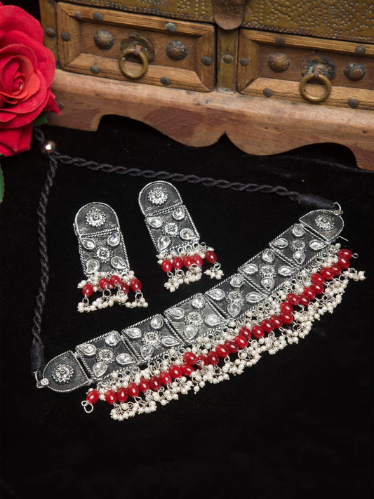 Silver Plated Pearls & Stones Antique Design Oxidised Handcrafted Jewellery Set